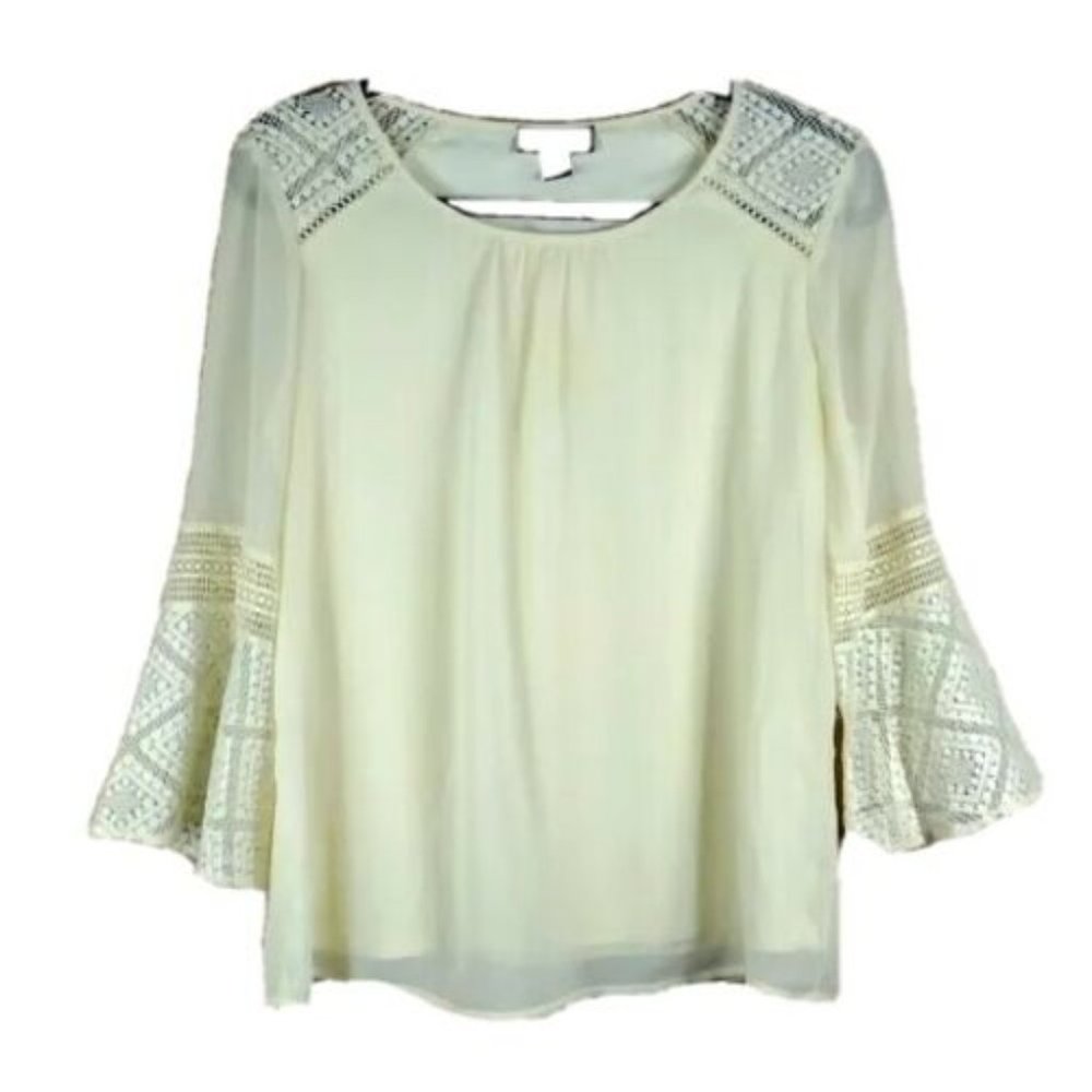 AGB - Pale Yellow Long Sheer Flare Bell Sleeve Blouse Top - Small